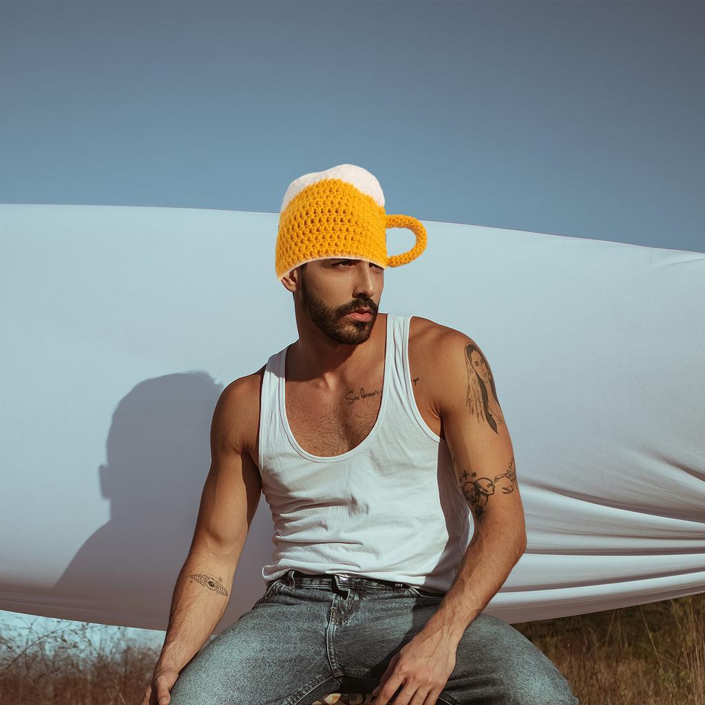 Funny Beer Mug Beanie Hat Handmade Knit Skull Hat for Skiing Hiking Universal Windproof Outdoor Activity Hat Headwear