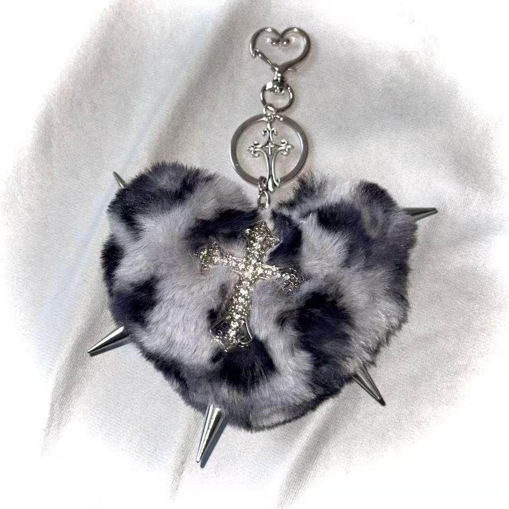 Gothic Spicy Girl Love Cross Rivet Plush Personalized Leopard Print Bag Pendant Valentine's Day Gift Decoration Bag Charm