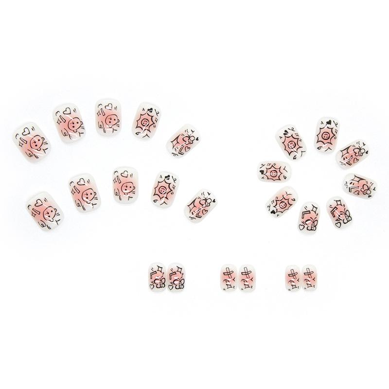 Artificial Nails Cute Childlike Blush Graffiti Nail Art Milky White Base Painting Printing Wearable False Nails