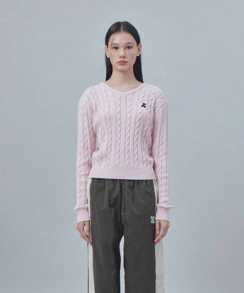 REST&RECREATION Cable V-Neck Knit Top - Pink