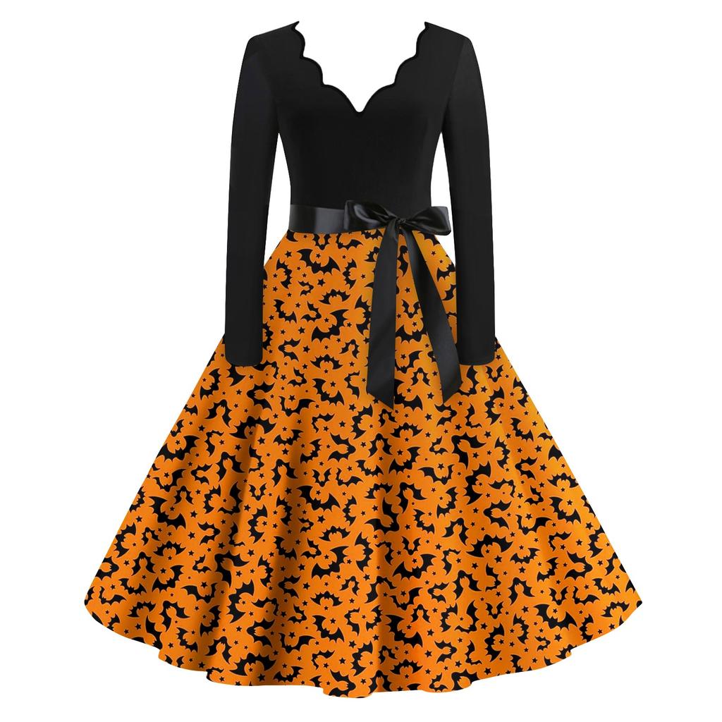Женские повседневные модные винтажные длинные платья с длинным рукавом на Хэллоуин и графическим принтом