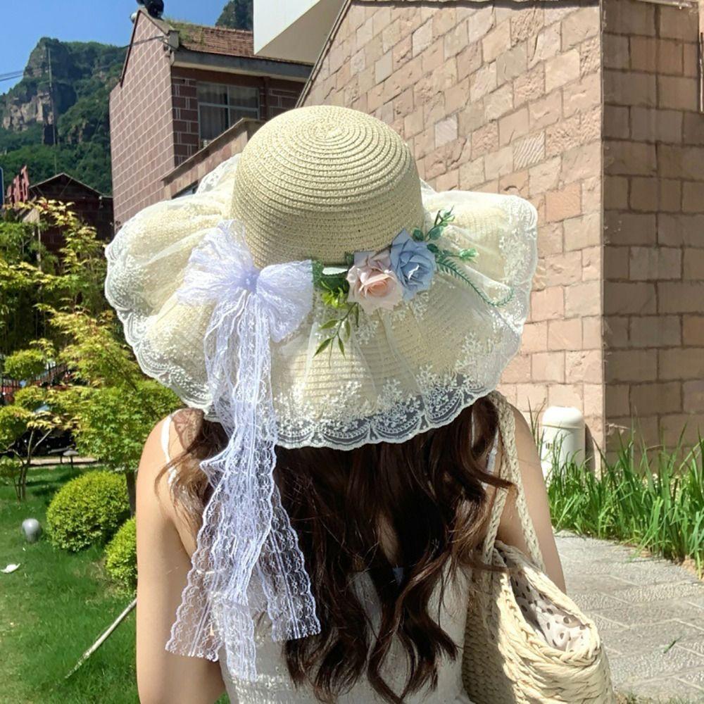 Large Brim Straw Hat Flower Wide Brim Hat Fashion Sun Hat Sun Shading