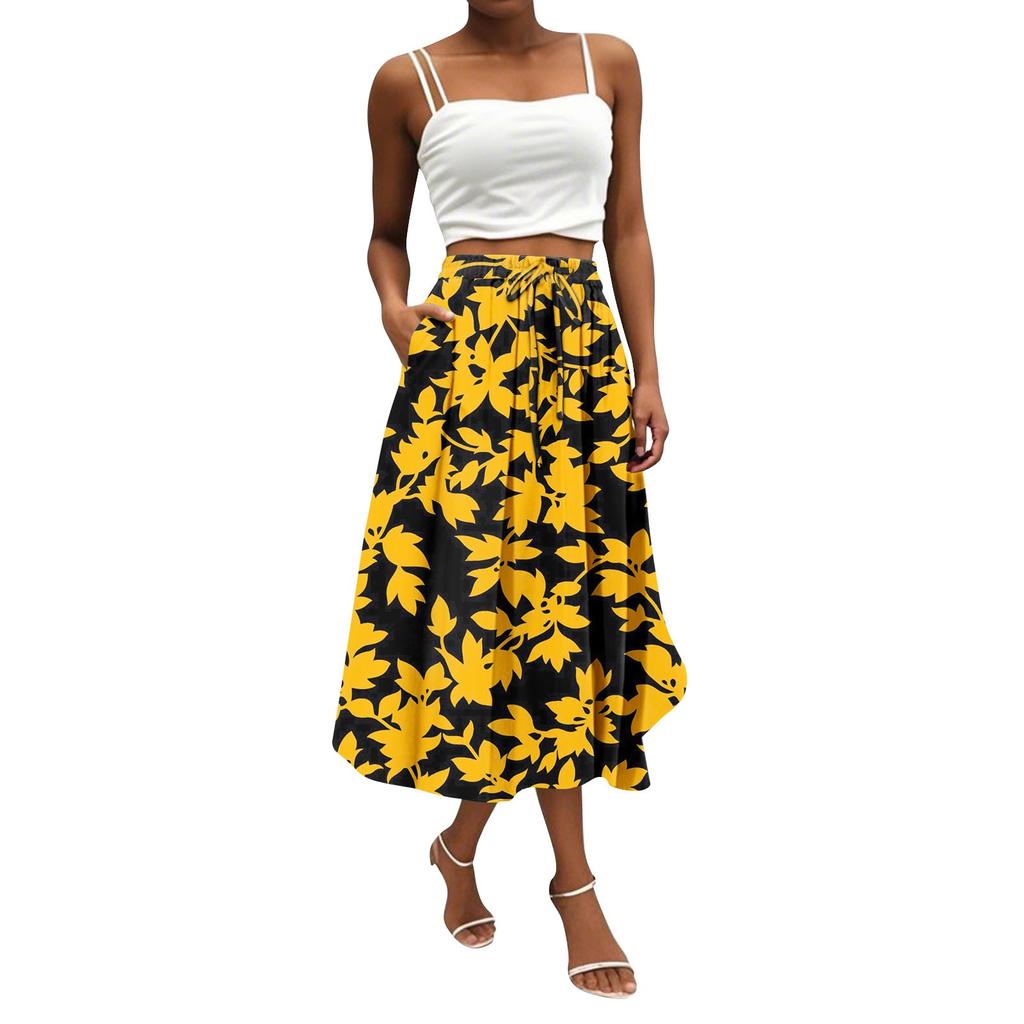 Женская юбка в стиле бохо с цветочным принтом, однотонная повседневная юбка с карманами