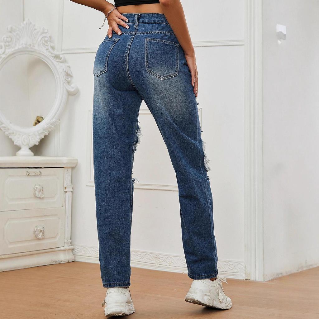Европейско-американские женские прямые рваные джинсы с высокой талией