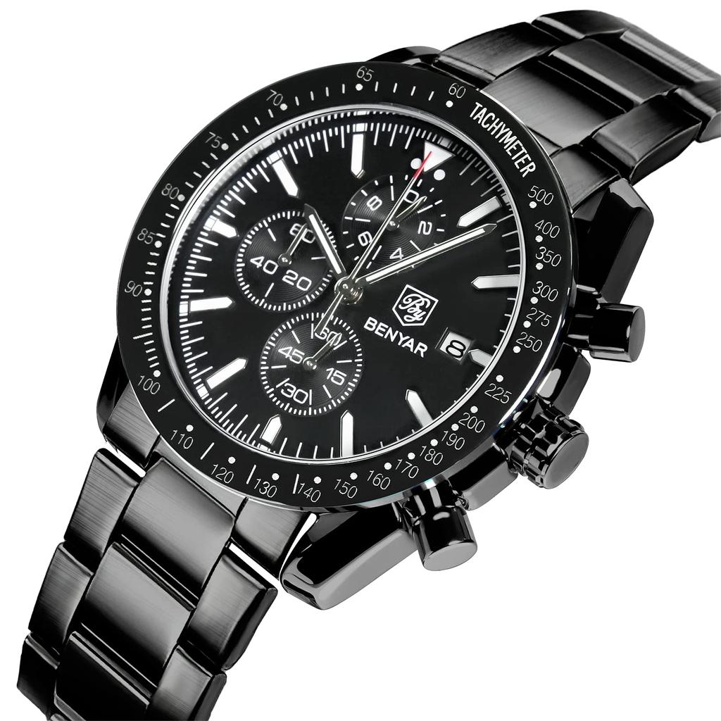 Benyar Men's Chronograph Analog Watch 30M Water Resistant Business Stylish Formal Leather Band Silver Black Quartz Gift