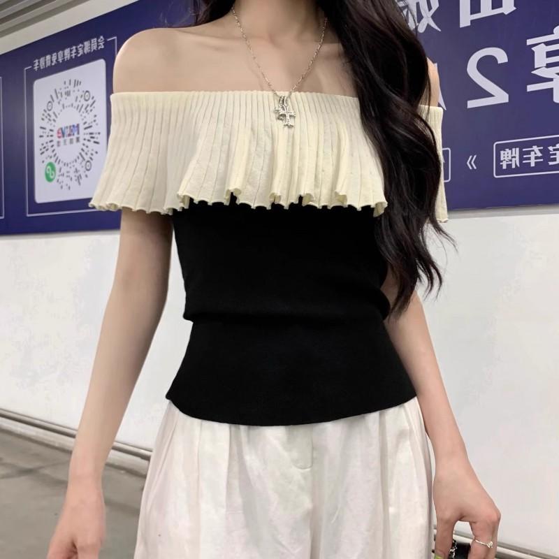 French Ruffled One-neck Sweater Sweet Hot Girl Short Slimming Sexy Off-the-shoulder Top Trendy
