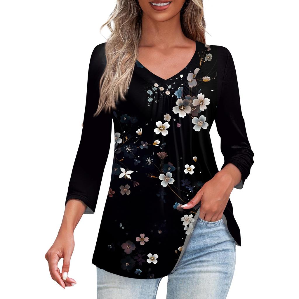 Рубашки для женщин, модные футболки на пуговицах с v-образным вырезом, повседневные летние футболки с принтом, футболка, блузка, топы с рукавами три четверти для женщин