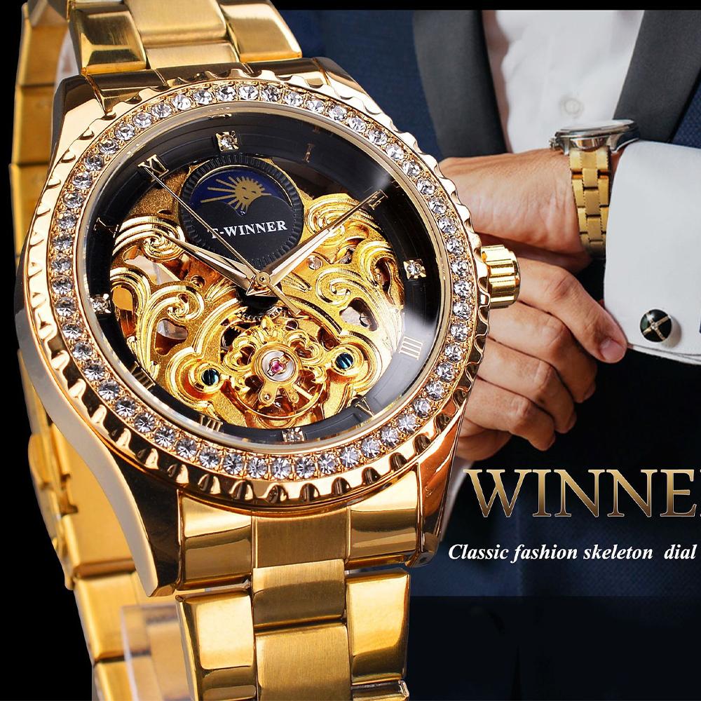 Gold Wristwatches Moon Phase Design Luxury Retro Style Diamond Mechanical Watch Stainless Steel Bracelet Skeleton Tourbillon Men Automatic Watches