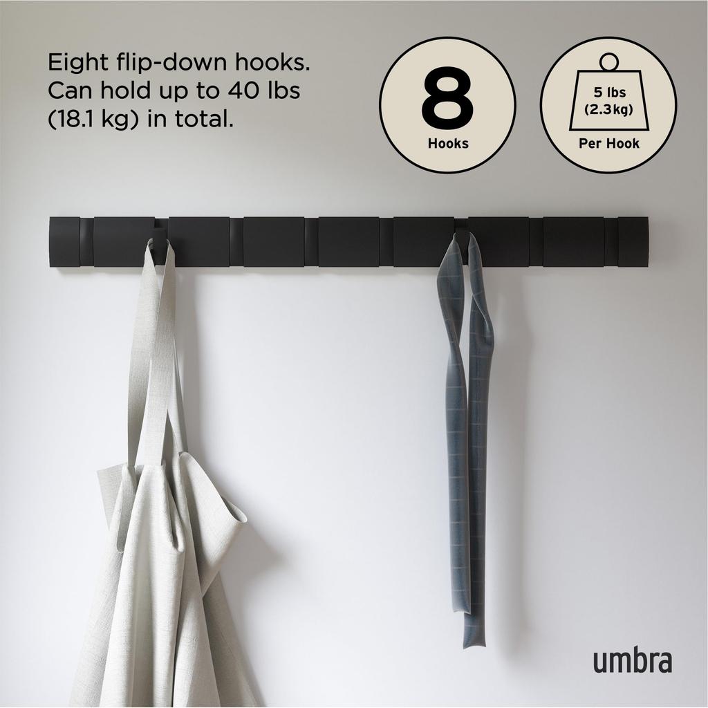 Official Umbra Wall Wall Storage FLIP 2318858040 Hooks, Hanger, Hooks, Wooden, Black, 8-Row HOOK,