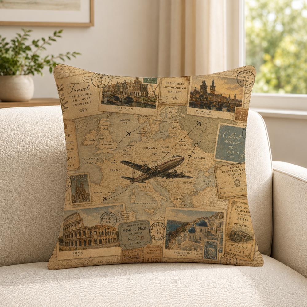 art vintage travel map collage Cushion Cover Soft Short Plush SkinFriendly Cushion Case for MultiScene Use