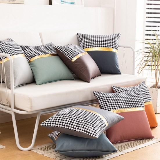 Square Pillow Case Houndstooth Solid Color Golden Strap Splicing Thickened Sofa Bed Decoration Pillow Cushion Cover for Indoor