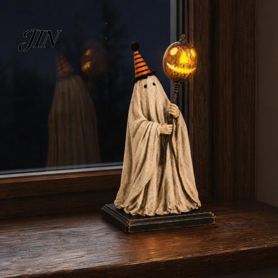 Shabby Fabric Ghost Decoration Vintage Figurine with Glowing Pumpkin Scepter, Halloween Ornament Retro LED Light, Resin Lighted for Indoor Outdoor