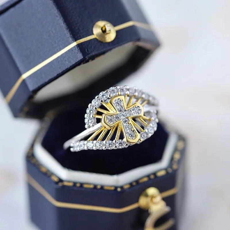 Оригинальность 18-каратного золота, ажурное ажурное кольцо для пары с крестом для женщин, стерлинговое серебро, свадебный подарок на помолвку, ювелирные изделия, кольца из стерлингового серебра для женщин