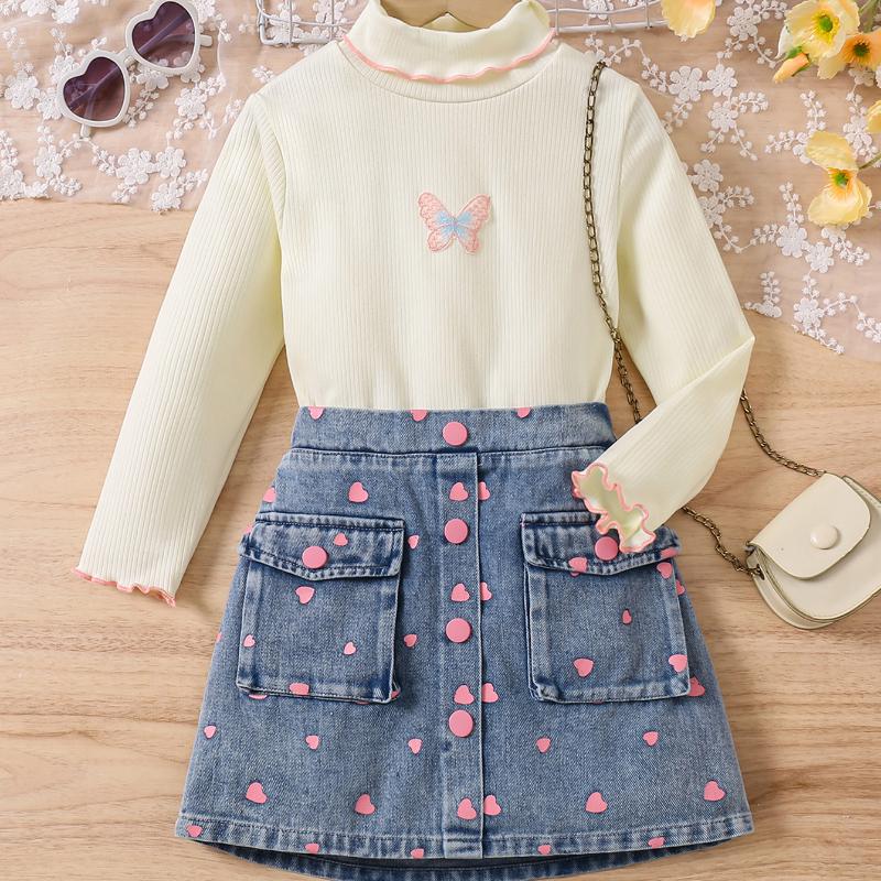 Girls' Fashion Set, Summer Children's Casual Solid-color Long-sleeved Top, Denim Pleated Skirt Set