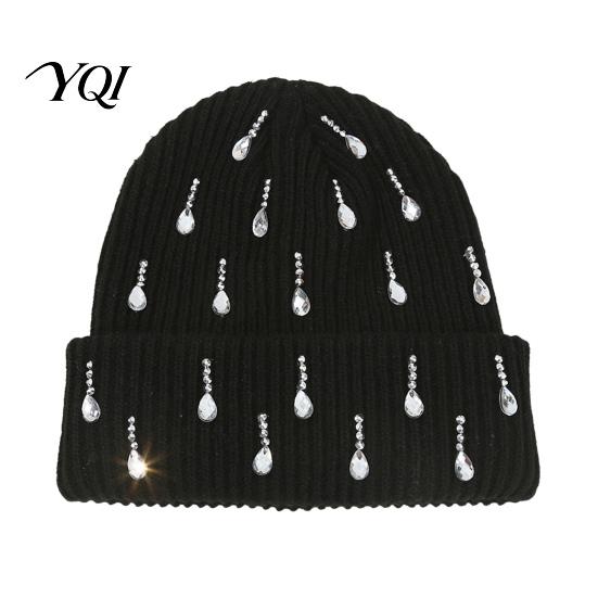 Elastic Skull Cap for Daily Wear Waterdrop Rhinestone Knit Hat, Bling Stretchy Winter Cuffed Knitted Sparkling Hats Women Men Cold Weather Hat