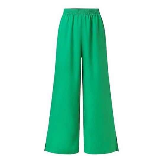 Женский комплект из хлопка и льна из двух предметов: рубашка на пуговицах с рукавом 3/4 и брюки с широкими штанинами и разрезом. Повседневный свободный домашний костюм.