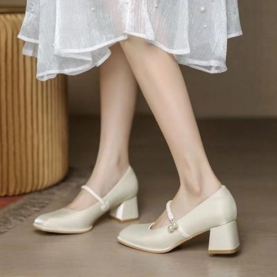 Модная женская обувь 2024 года, брендовые женские туфли Mary Janes на высоком каблуке, модные туфли-лодочки с бисером и стразами, женские новые туфли на квадратном носке с твердым каблуком для женщин