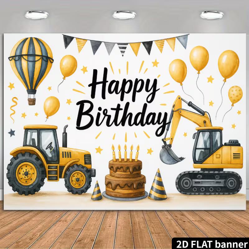 2D Construction Party Backdrop - Excavator & Tractor Banner for Kids Engineering Themed Photoshoot