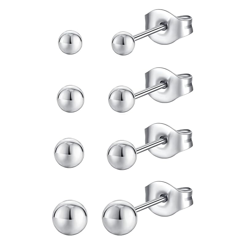 JOLCHIF Surgical Stainless Steel Ball Piercing Ball Earrings 4 Pairs Round Ball Earrings Compatible with Metal Allergies Cartilage Piercing