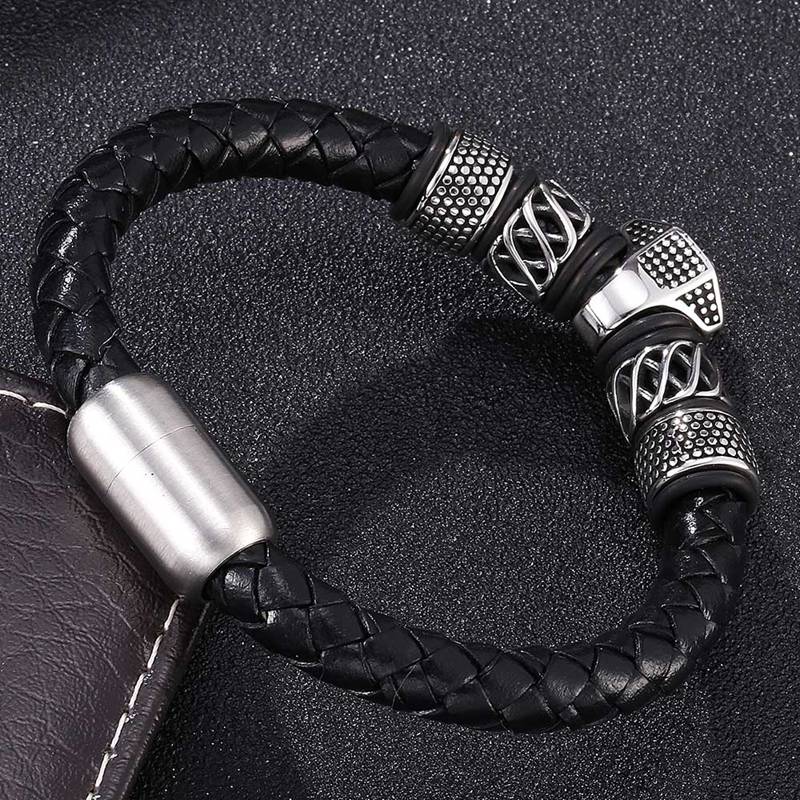 Модные браслеты из стальных бусин с головой льва, мужские черные кожаные браслеты с застежкой, ювелирные изделия в подарок