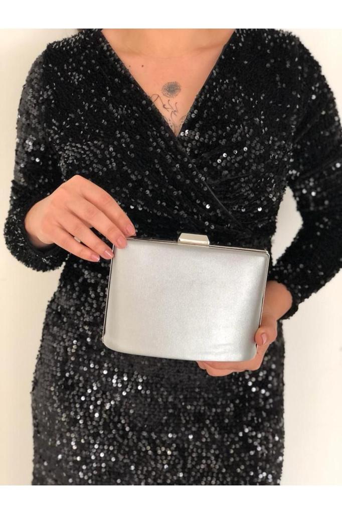 Women's Stylish and Useful Evening Dress Bag Evening Dress Bag Clutch Portfolio Strap Shoulder and Hand Bag Fabric Silver 2023