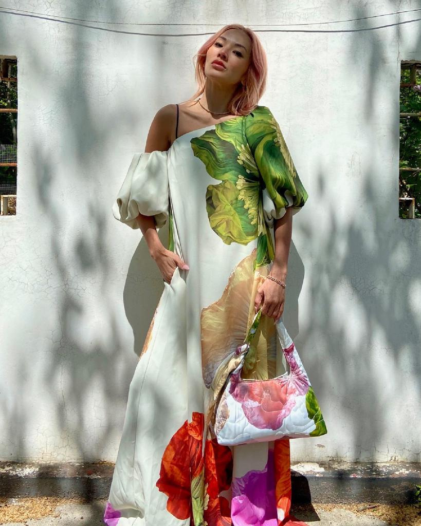 European and American spring and summer new slanted shoulder positioning printed dress INS casual vacation loose dress