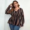 V-neck Striped Print Pullover Shirt for Women Long Ruffled Sleeve High Waist Peplum Summer T-shirt Casual Commute Shirt Breathable Thin Plus Shirt