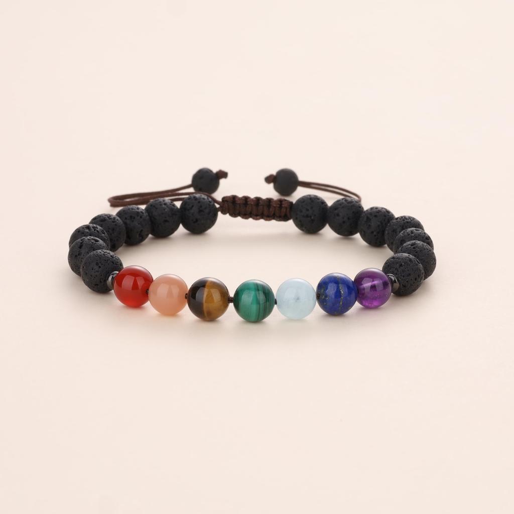 Koai Lava Stone Chakra Bracelet for Strengthens and Adjustable Length Seven-Color Men, Bonds, Healing, Protection,