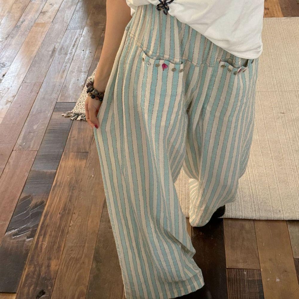 High Waist Wide Leg Pants Chic Straight Leg Pants Fashion Casual Stripe Long Pants Girls