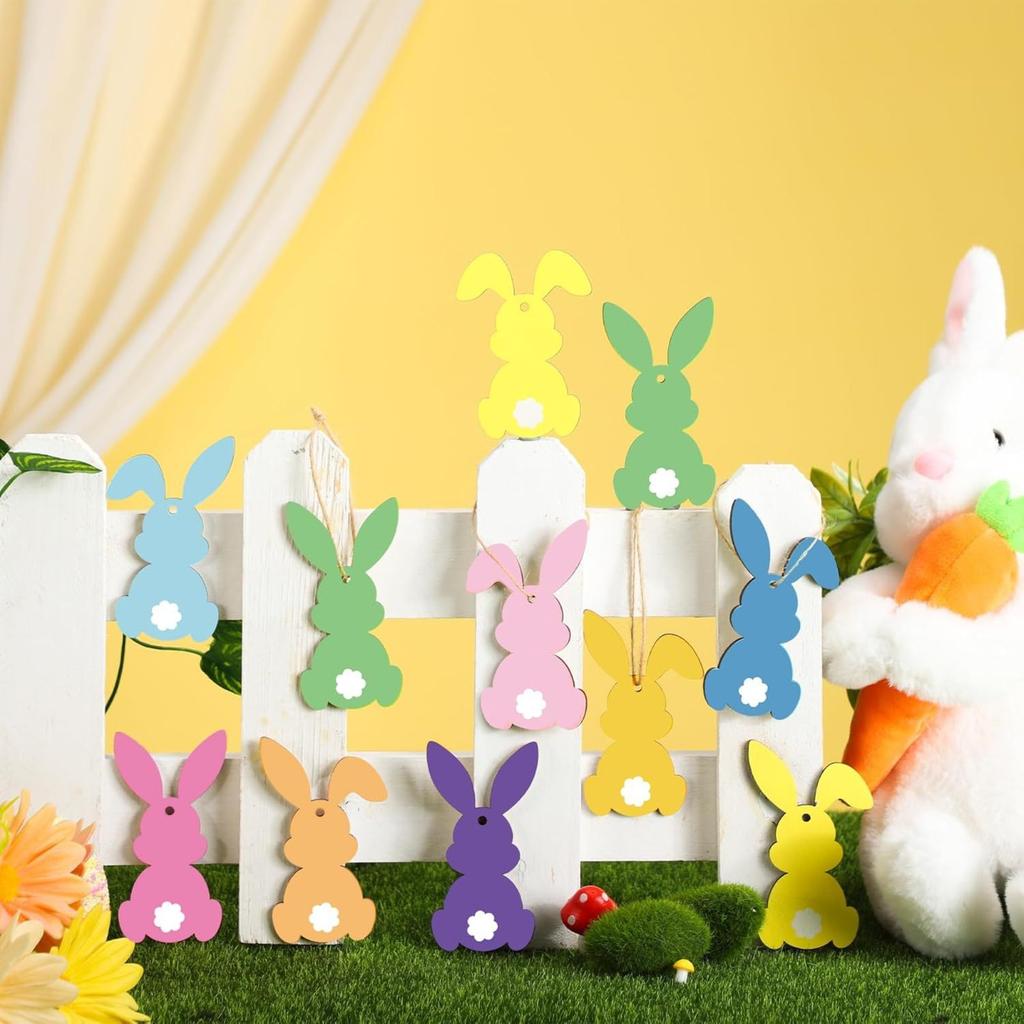 24Pcs Easter Bunny Tree Ornaments Easter Wooden Hanging Decor 12 Color Embellishments For Tree Wood Bunny Tags Shape Cutouts With String For Party2D