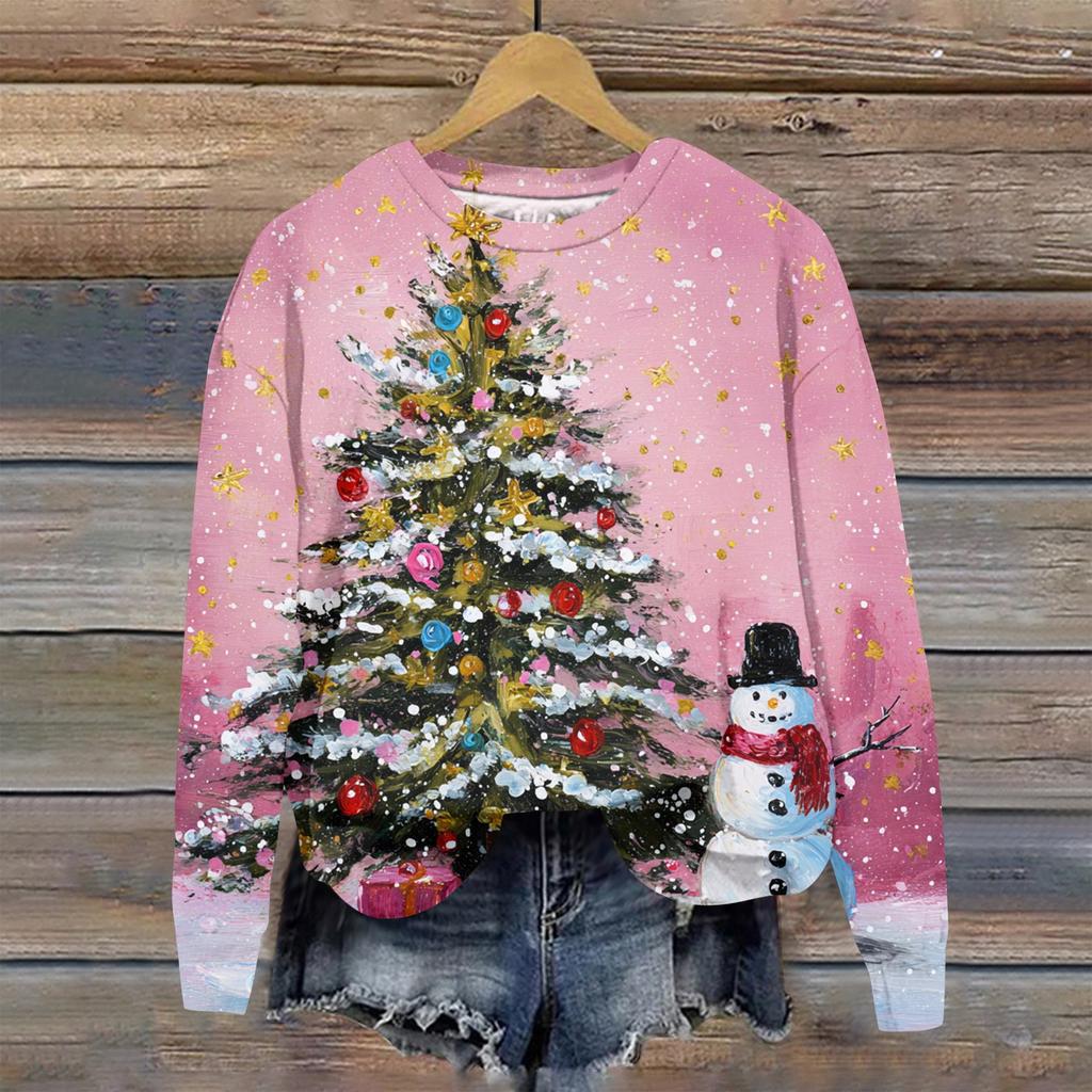 Женская модная рождественская принтованная толстовка с длинным рукавом и круглым вырезом