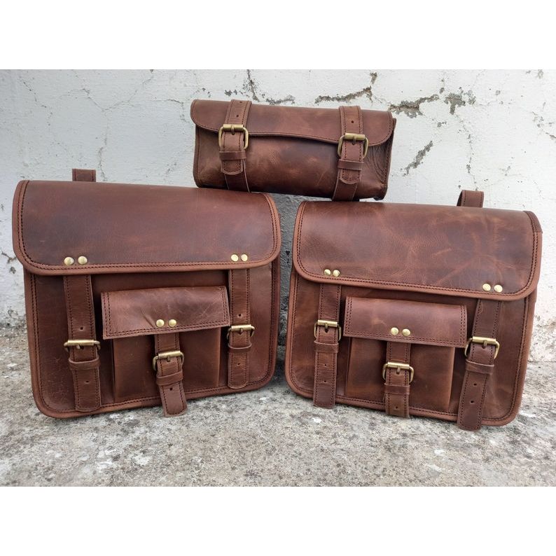 Кожаная седельная сумка Мотоциклетная сумка Кожаная сумка из шкуры буйвола Мотоциклетная седельная сумка Коричневые кофры для мотоцикла ручной работы Набор из 3 сумок