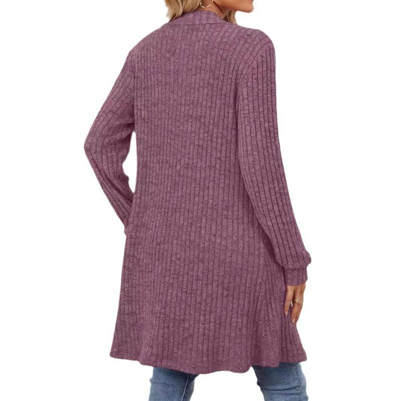 Женская осенне-зимняя длинная однотонная куртка-кардиган с длинным рукавом и свободными карманами