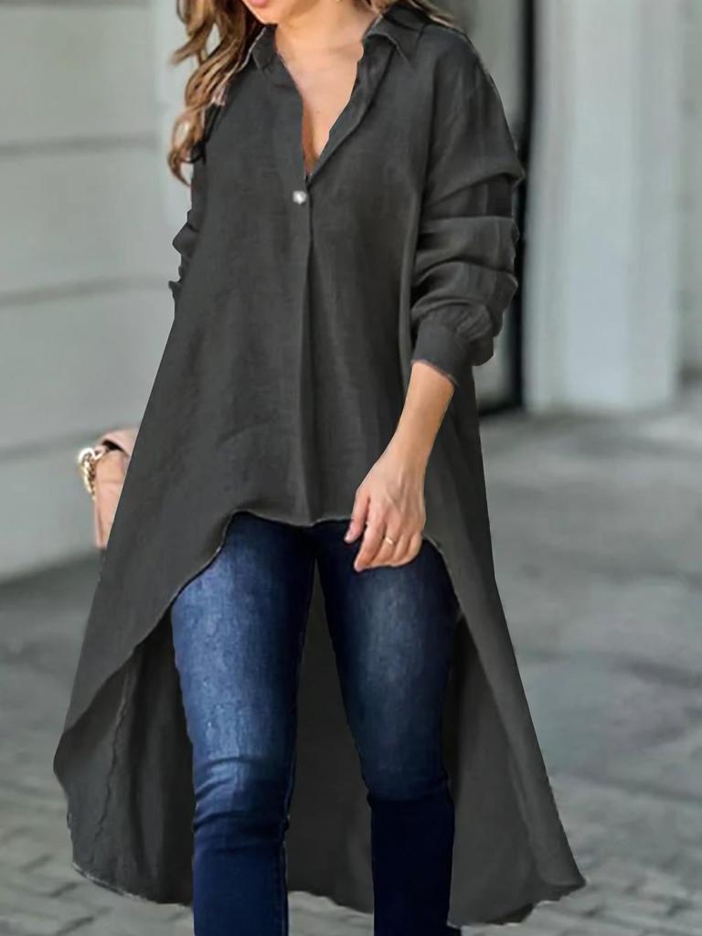 Women's Autumn/Winter Solid Color V-Neck Long Sleeve Irregular Long Shirt