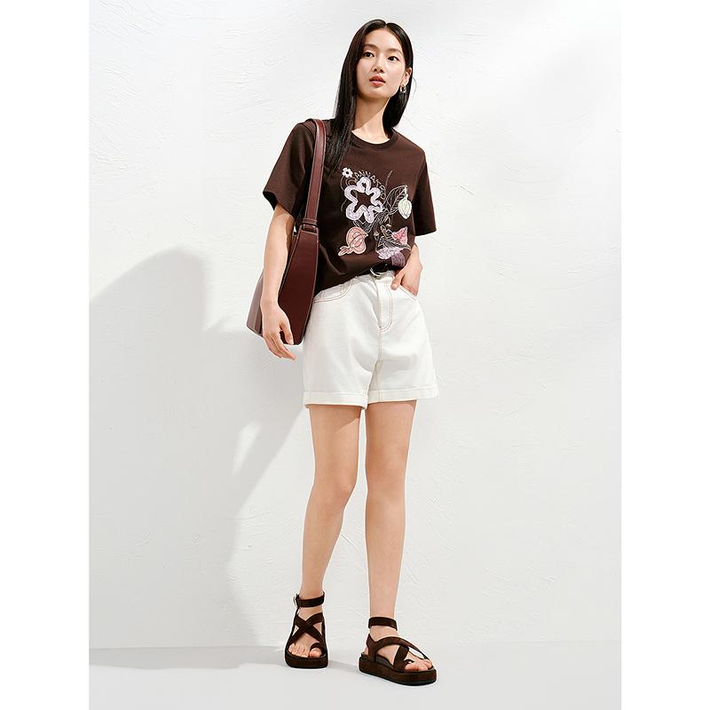 Jiuzi Anna Kou Leisure Commuting Wild Collage Shoulder Short-sleeved T-shirt