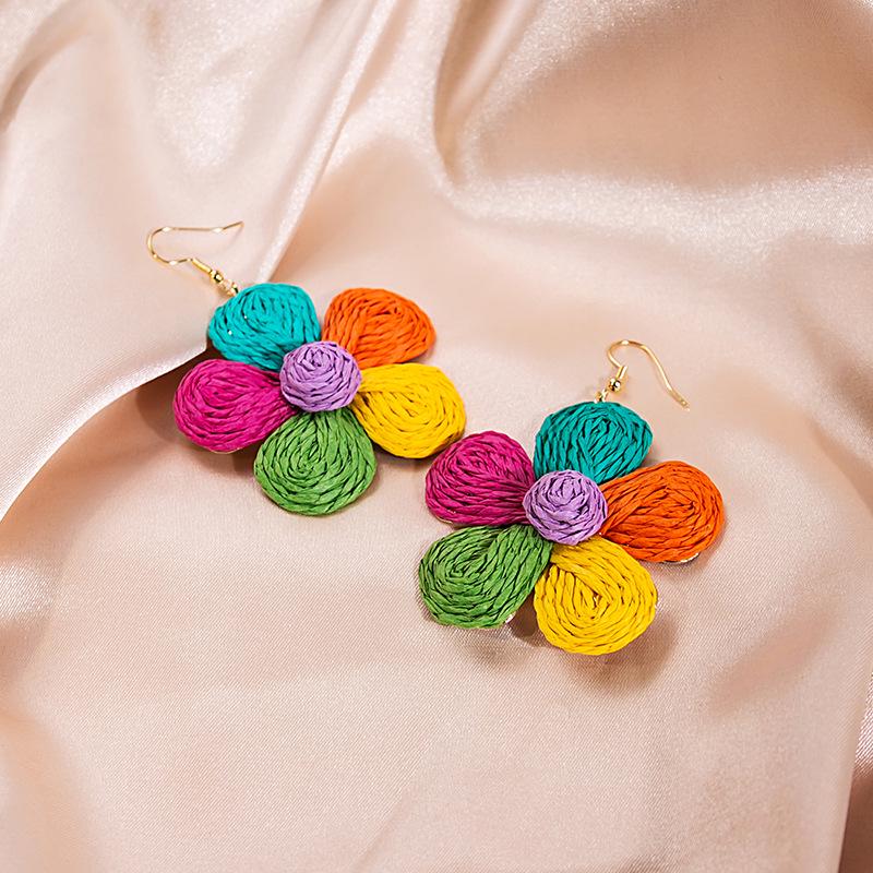 Raffia Flower Statement Earrings, Colorful and Trendy, Hand-Woven Niche Design.