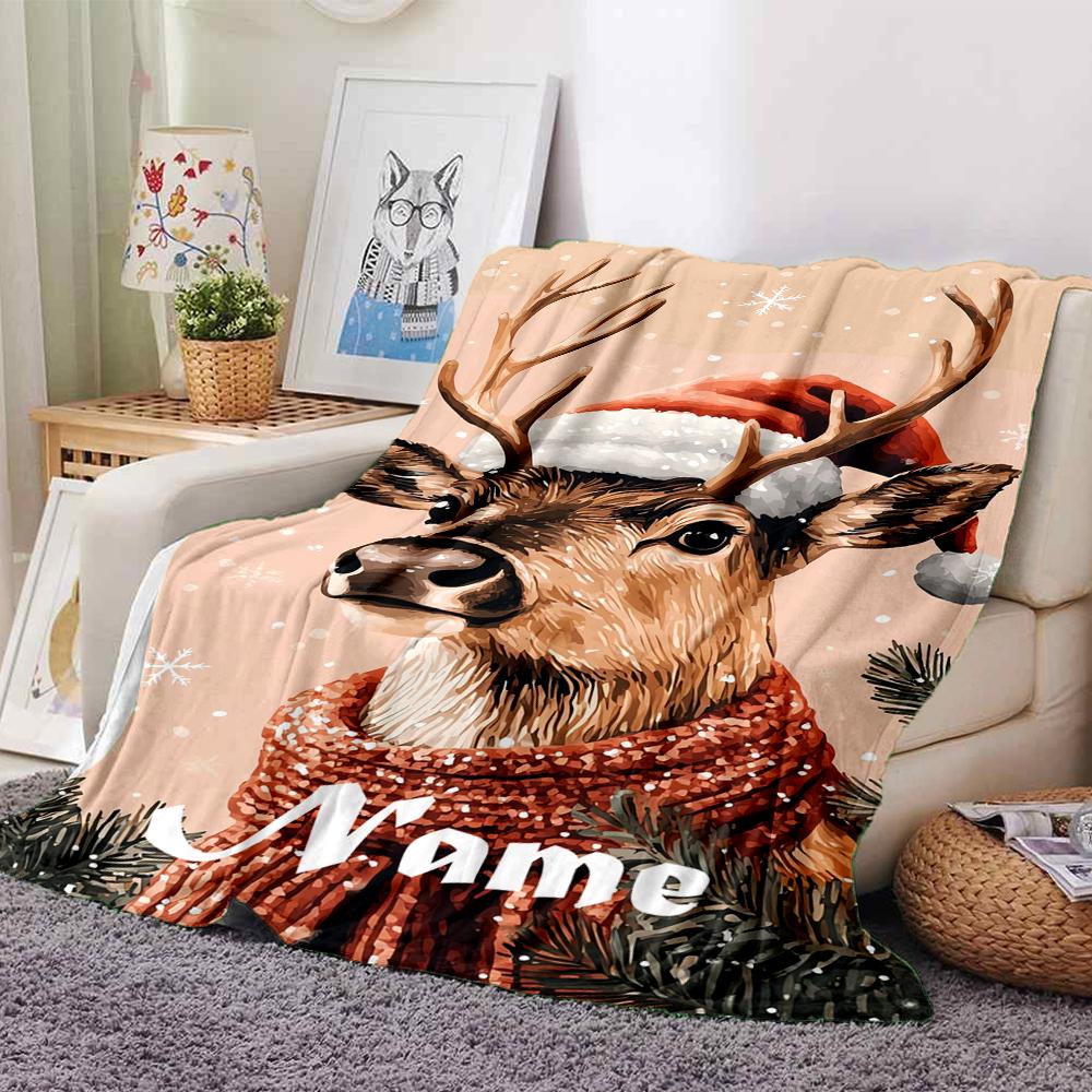 Custom Name Christmas reindeer Theme Printed Blanket - Perfect for Couch, Bed, Travel & Outdoor Use | Machine Washable, Cozy & Durable.