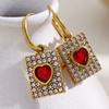 Stainless Steel Square Full Paved Zircon Drop Hoop Earrings Inlaid Red Heart Fashion 18K Gold Color Luxury Women Jewelry Gifts