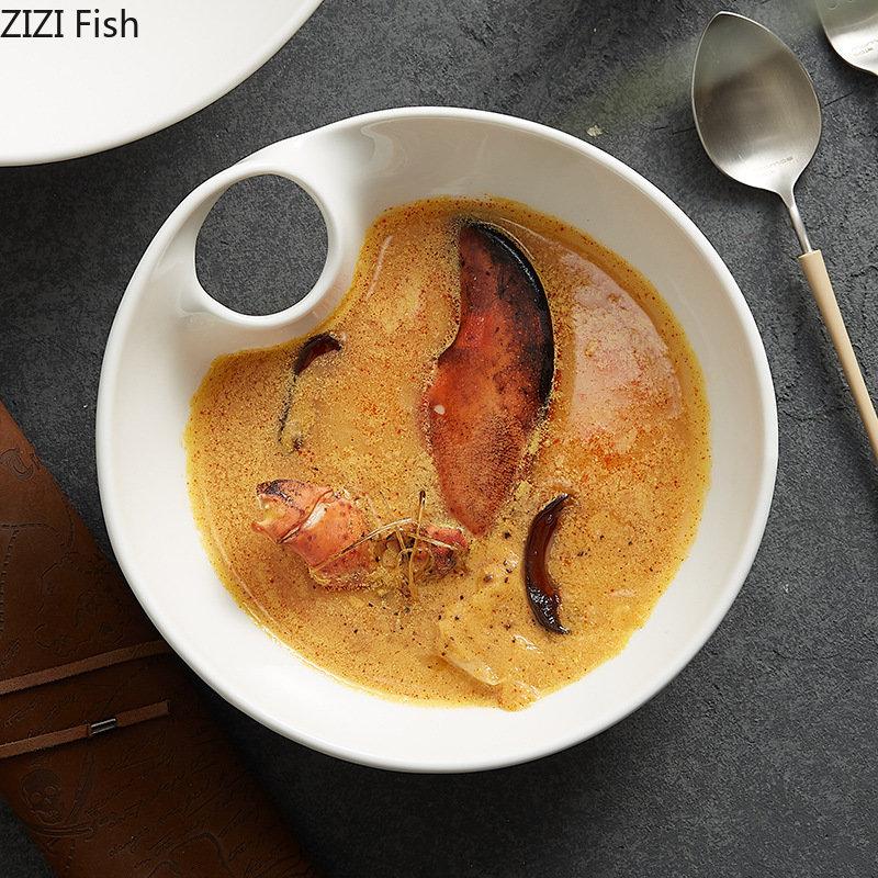 Креативная белая салатница, японская миска для лагманской лапши, бытовая тарелка для закусок и фруктов, скандинавская кухня, керамическая посуда