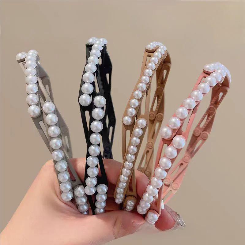 Выдвижная складная повязка для волос с жемчугом для женщин и девочек, нескользящая повязка на голову, повязка для мытья лица, укладка волос для девочек, плетение сломанных волос