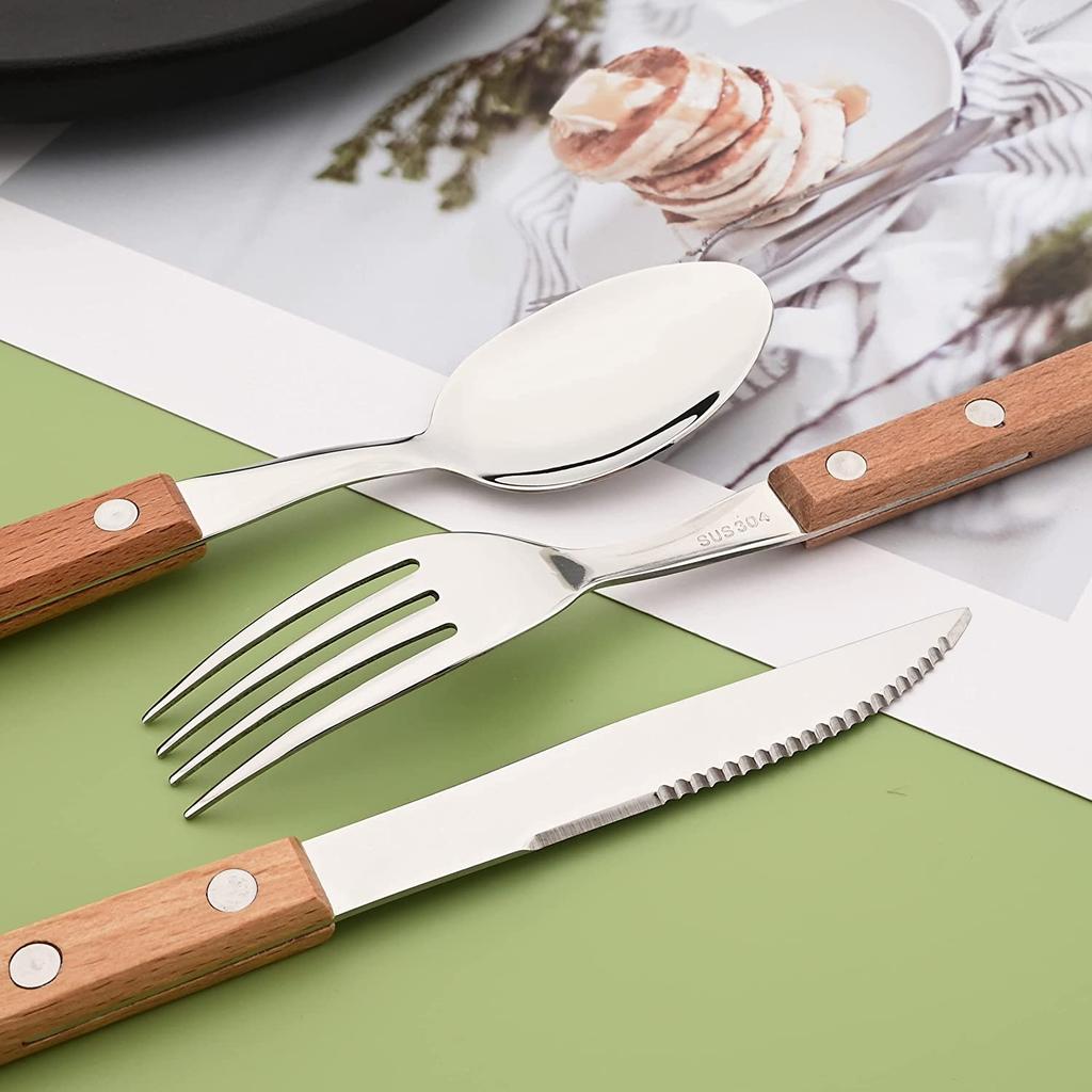 8Pcs Silver Wooden Handle Steak Knife Dinnerware Set 304 Stainless Steel Flatware Sharp Knife Set Tableware Cutlery Knives Set