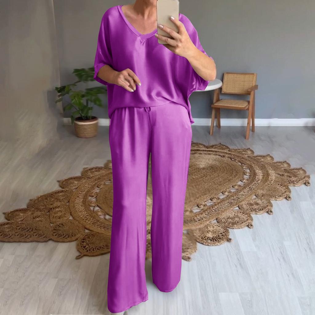 Женский свободный пуловер с v-образным вырезом, повседневный модный костюм с длинными брюками и короткими рукавами