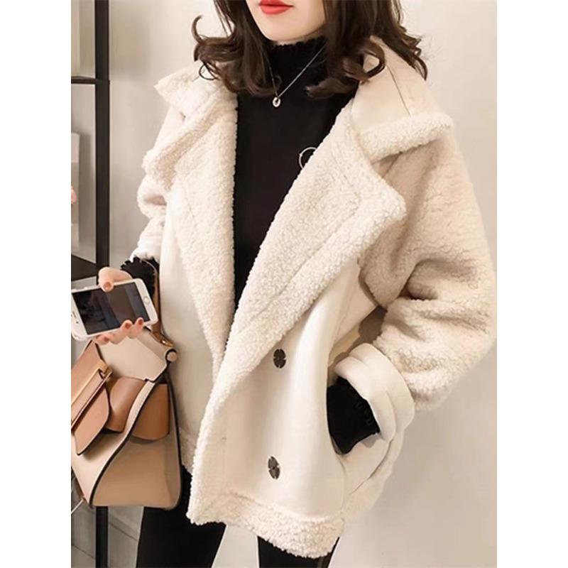Зимнее Обновление Большой Лацкан Шерстяное Пальто из Овчины Женская Свободная Куртка Высококачественная Прочная Конструкция Стильный Дизайн