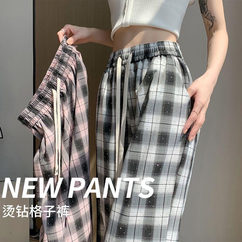 Большие размеры Винтажные клетчатые брюки со стразами Широкие брюки для женщин Летние тонкие брюки с высокой талией и завязками Прямые повседневные брюки