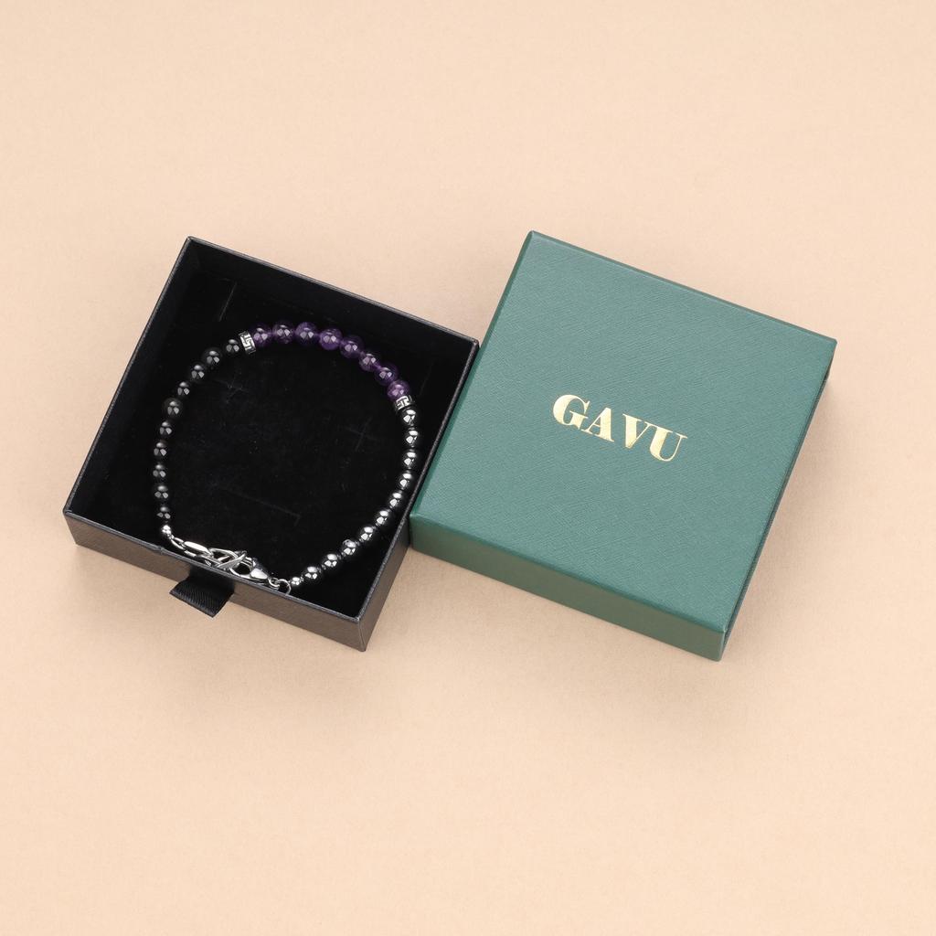 [GAVU] 6mm Triple Protection Bracelet, Men's Crystal Bracelet, Hematite Obsidian Amethyst Bracelet for Men