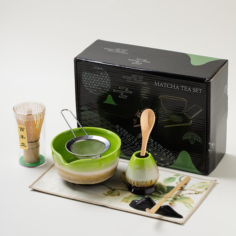 8pc/set Japanese Wave Pattern Matcha Ceramic Tea Whisk Standing Leaf Tip Bowl Filter Screen Tea Dial Utensils Tea Ceremony Gift