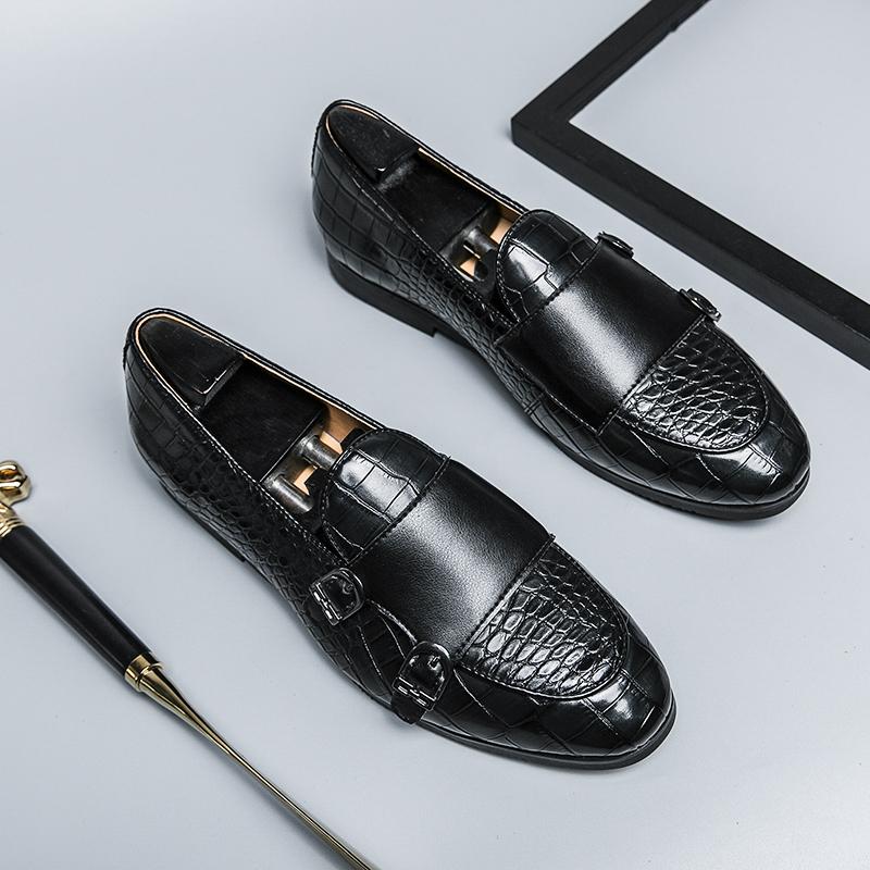 Loafers Shoes Men PU Splice Stone Pattern Double Buckle Decoration Low Heel Business Casual Shoes Classic Banquet Men Shoes