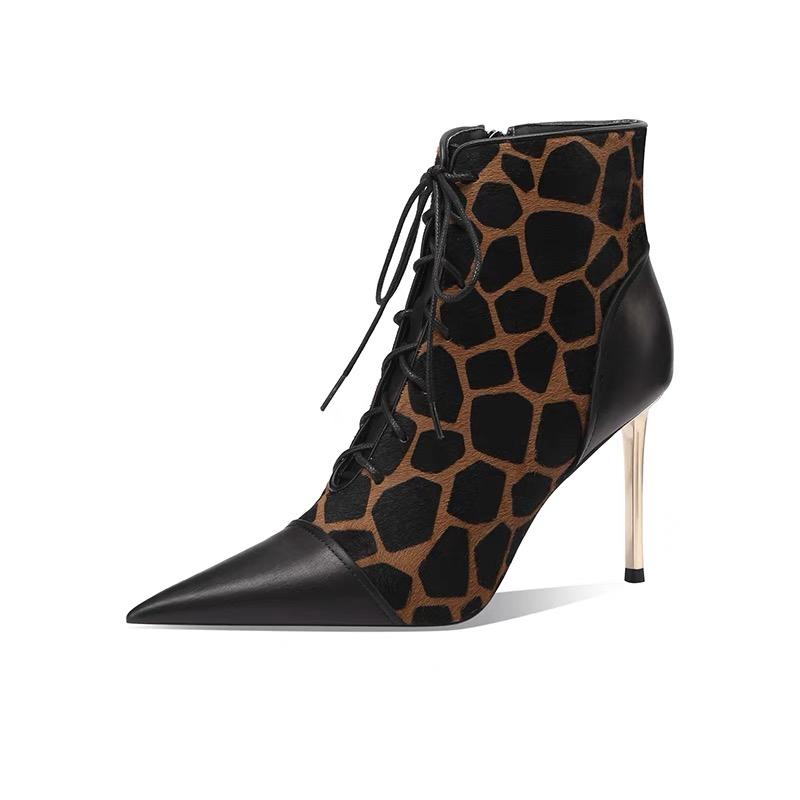 Fashion Pointed Toe Stiletto Ladies High Heels Autumn and Winter Color-blocking Zebra Black Fashion Boots Side Zipper Sexy Women's Boots
