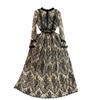 Long Sleeves Stand Collar A- line Dress Elegance Wide Hem Lace