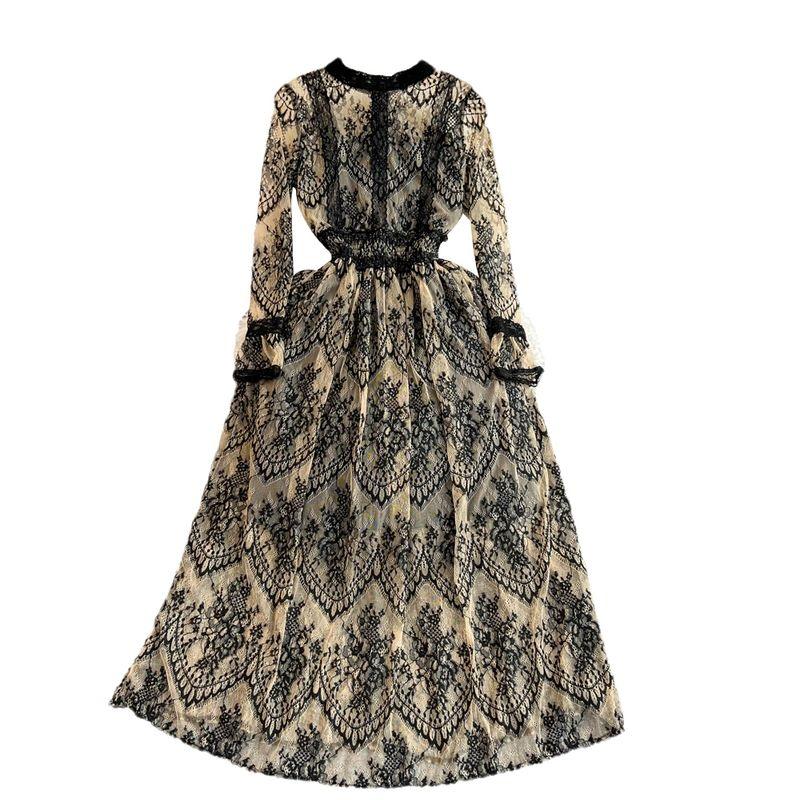 Long Sleeves Stand Collar A- line Dress Elegance Wide Hem Lace